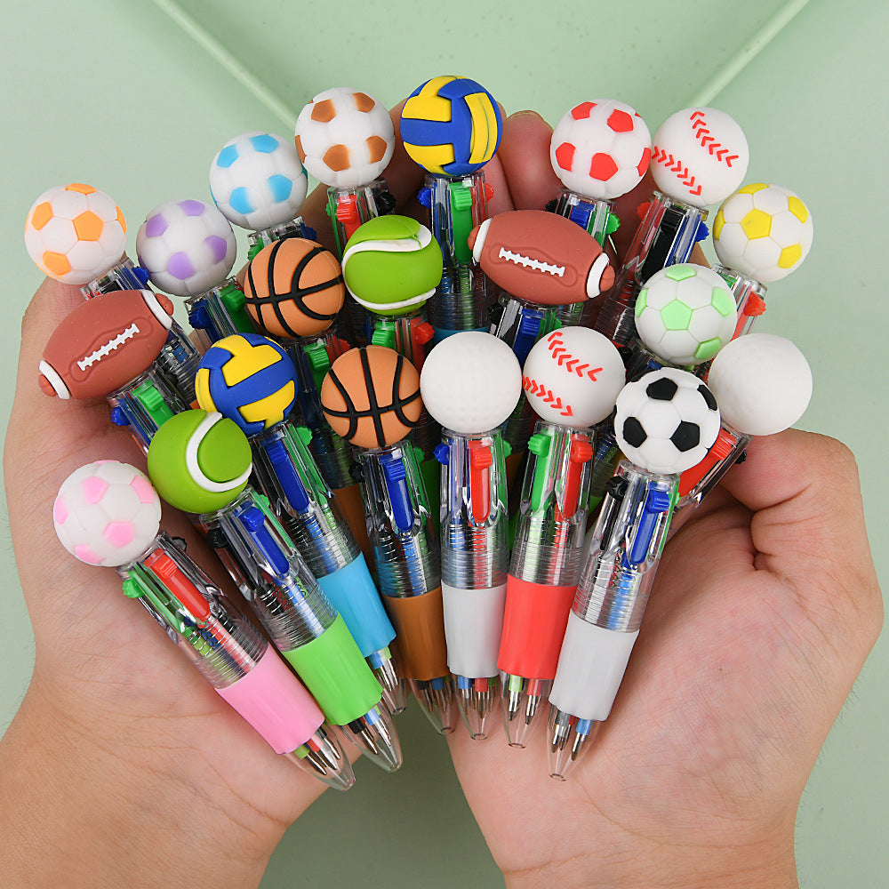 Cute Sports Ball Shaped 4-Color Ballpoint Pen | Cartoon Mini Multicolor Pen for School & Journaling