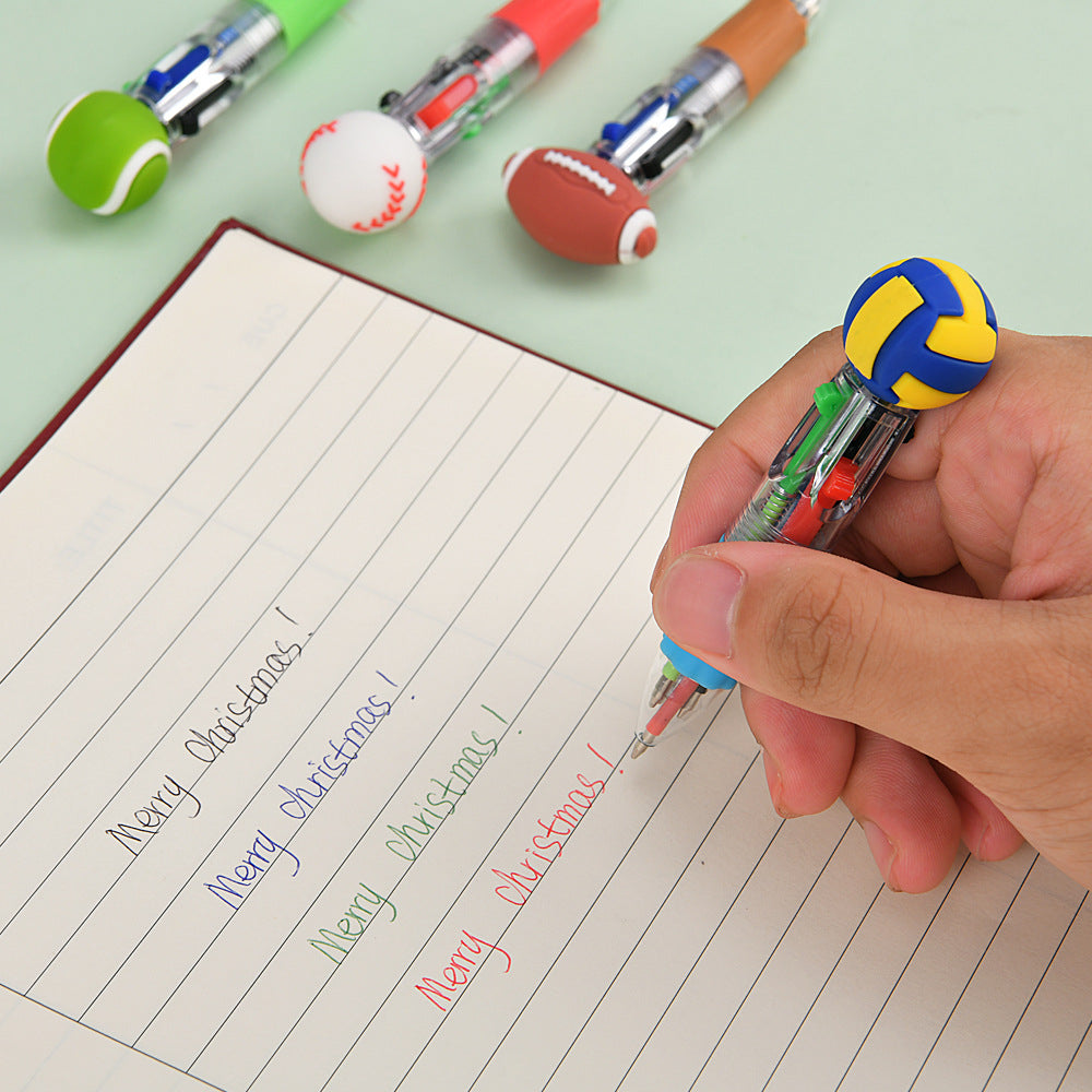 Cute Sports Ball Shaped 4-Color Ballpoint Pen | Cartoon Mini Multicolor Pen for School & Journaling