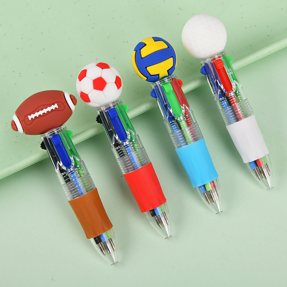 Cute Sports Ball Shaped 4-Color Ballpoint Pen | Cartoon Mini Multicolor Pen for School & Journaling