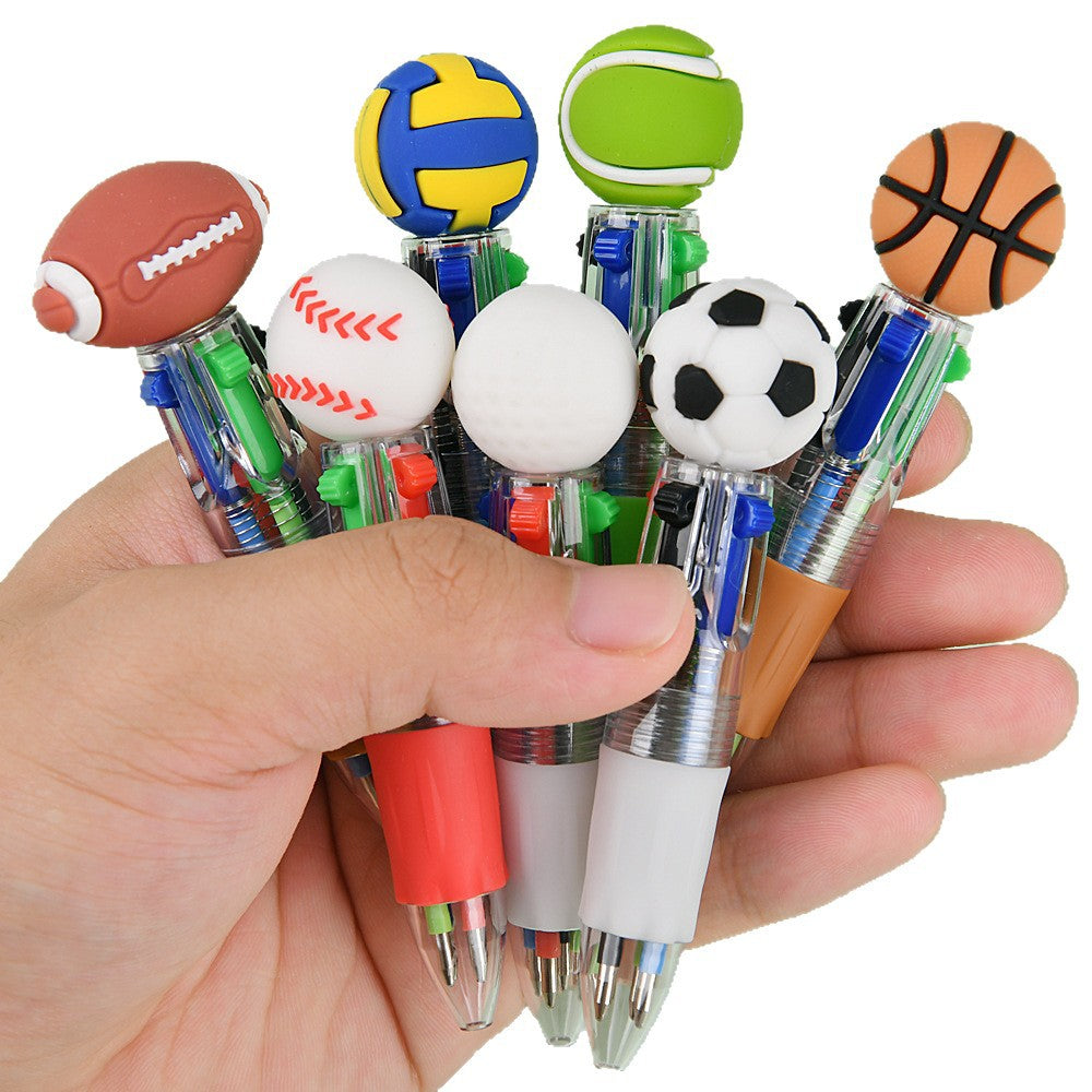 Cute Sports Ball Shaped 4-Color Ballpoint Pen | Cartoon Mini Multicolor Pen for School & Journaling
